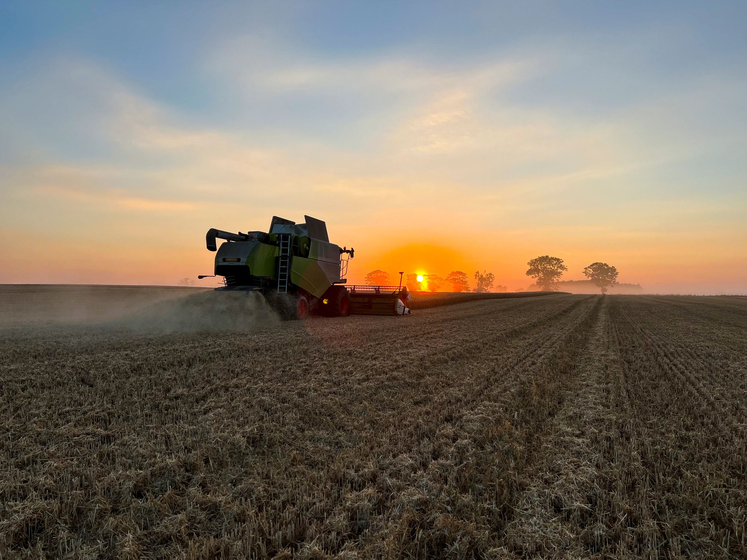 Combine harvester working at sunset